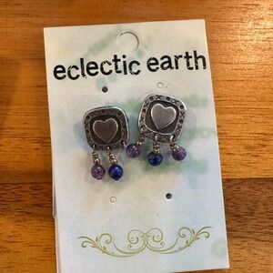 Silver Heart Earrings with Purple and Blue Bead Accents
